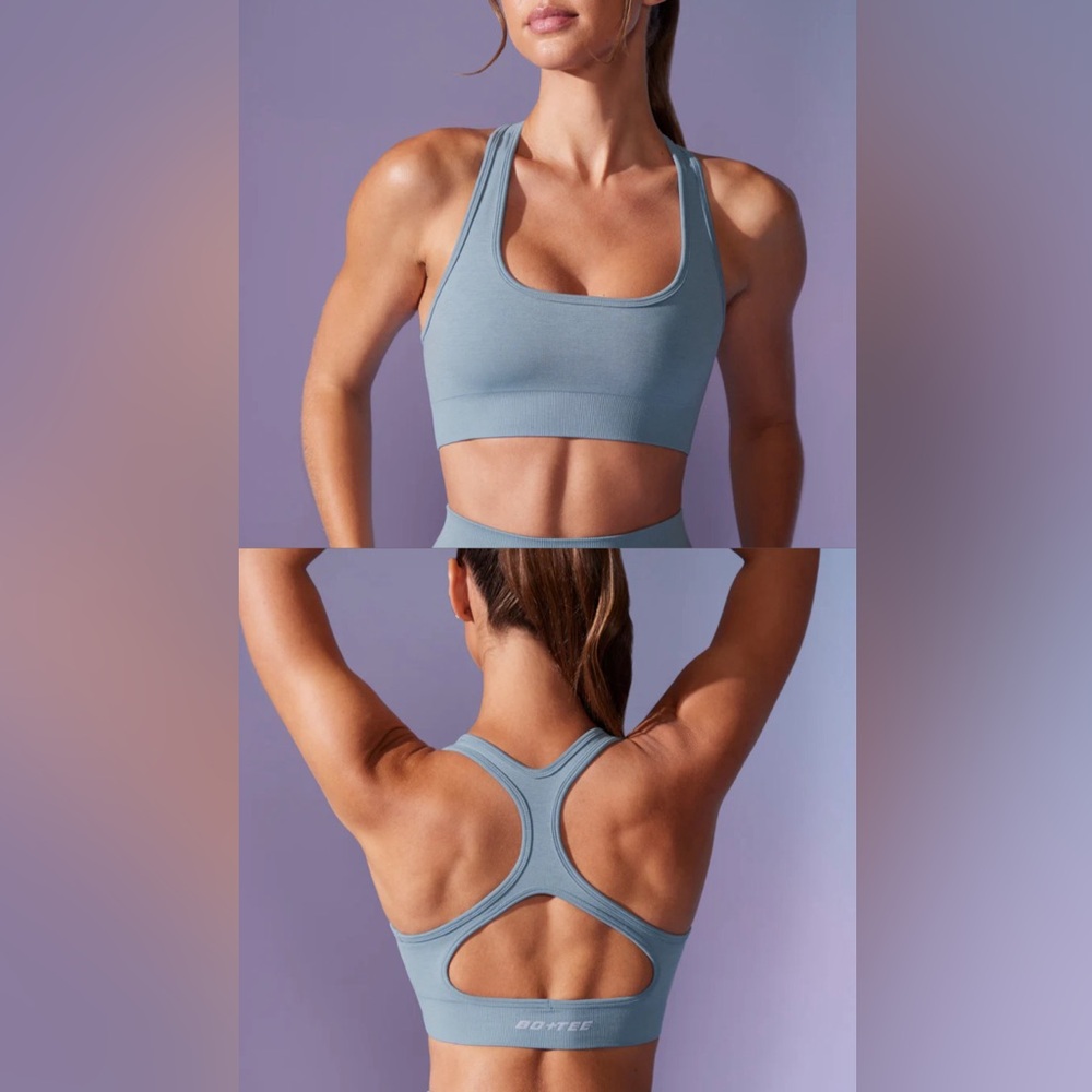 BO+TEE Cut Out Define Luxe Sports Bra in Denim Blue